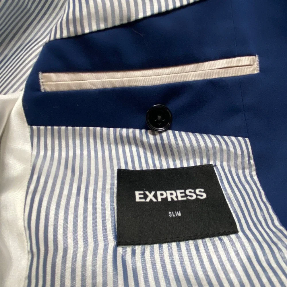 Express Blazer Suit Jacket Men's Medium Navy Blue 2 Button Slim Fit Top Coat EUC